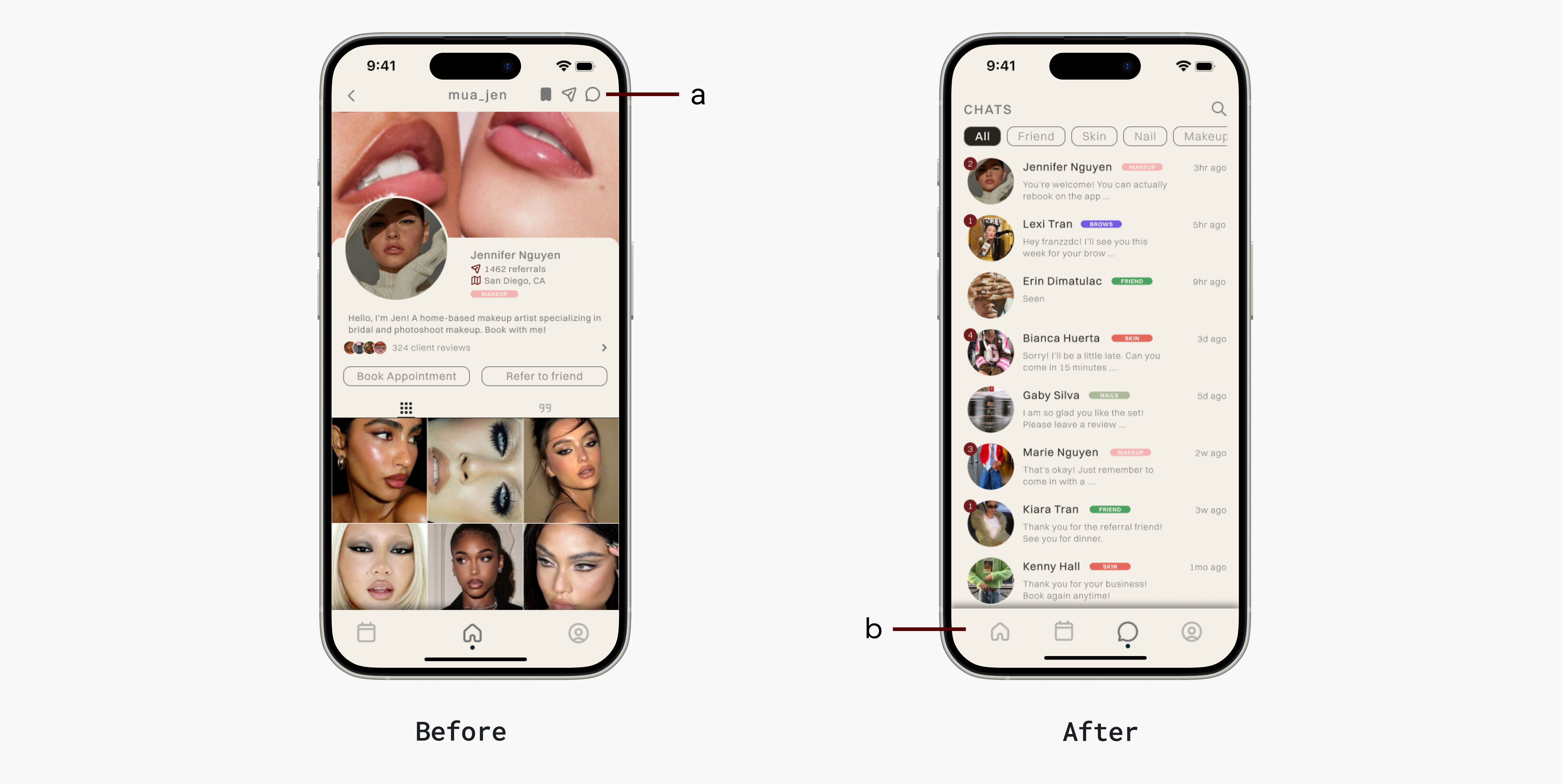 Before and after — chat placement in navigation