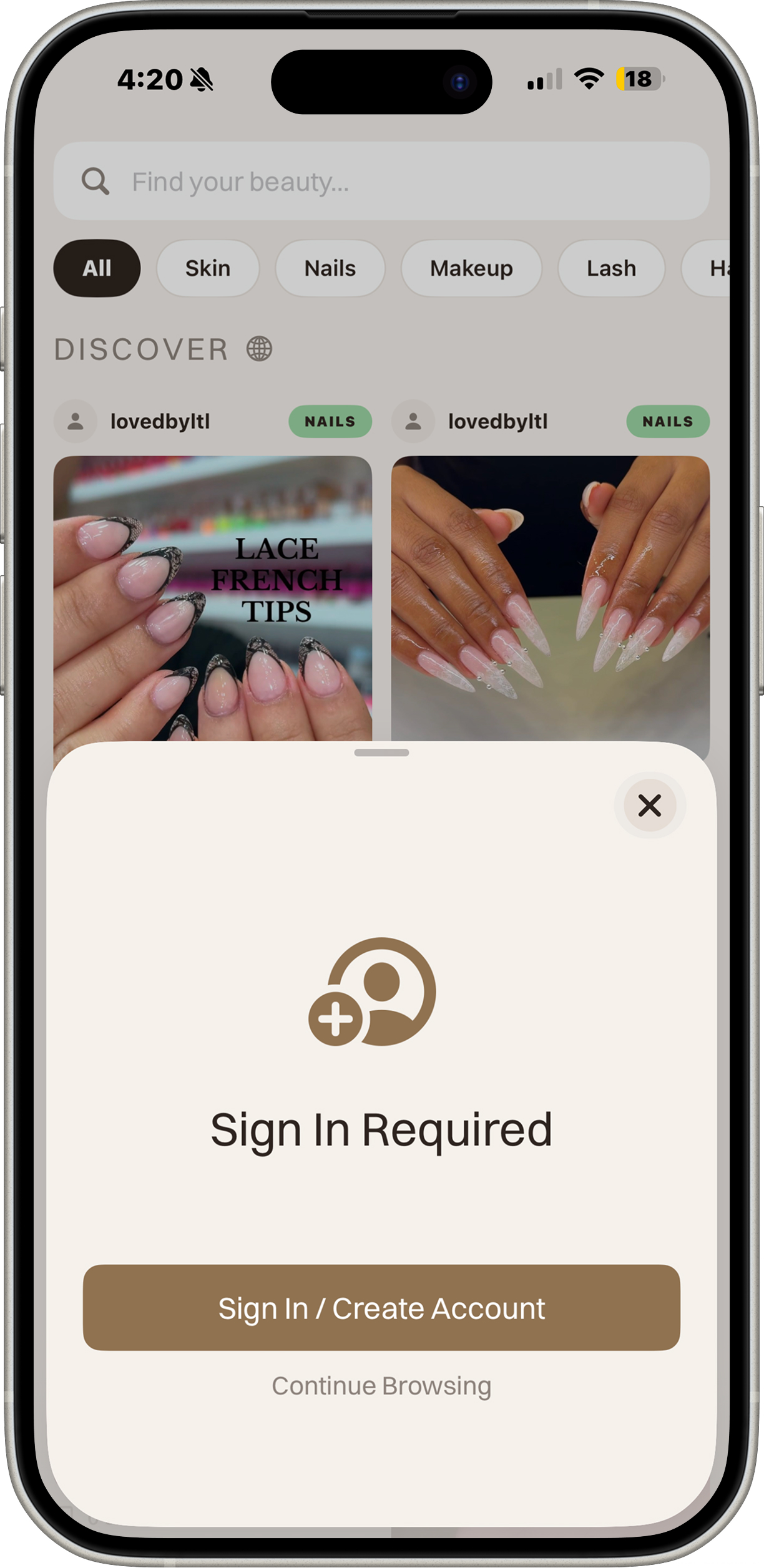 Onboarding — Sign In Required sheet with Continue Browsing option