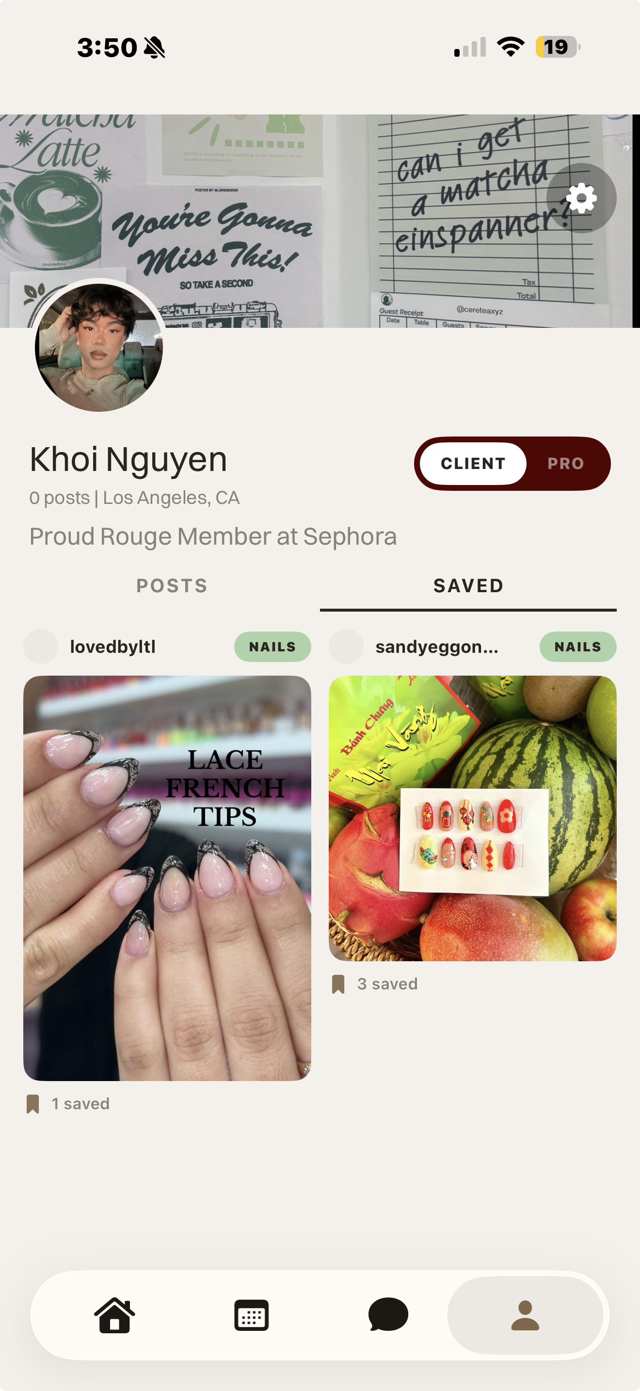 Profile with CLIENT/PRO toggle