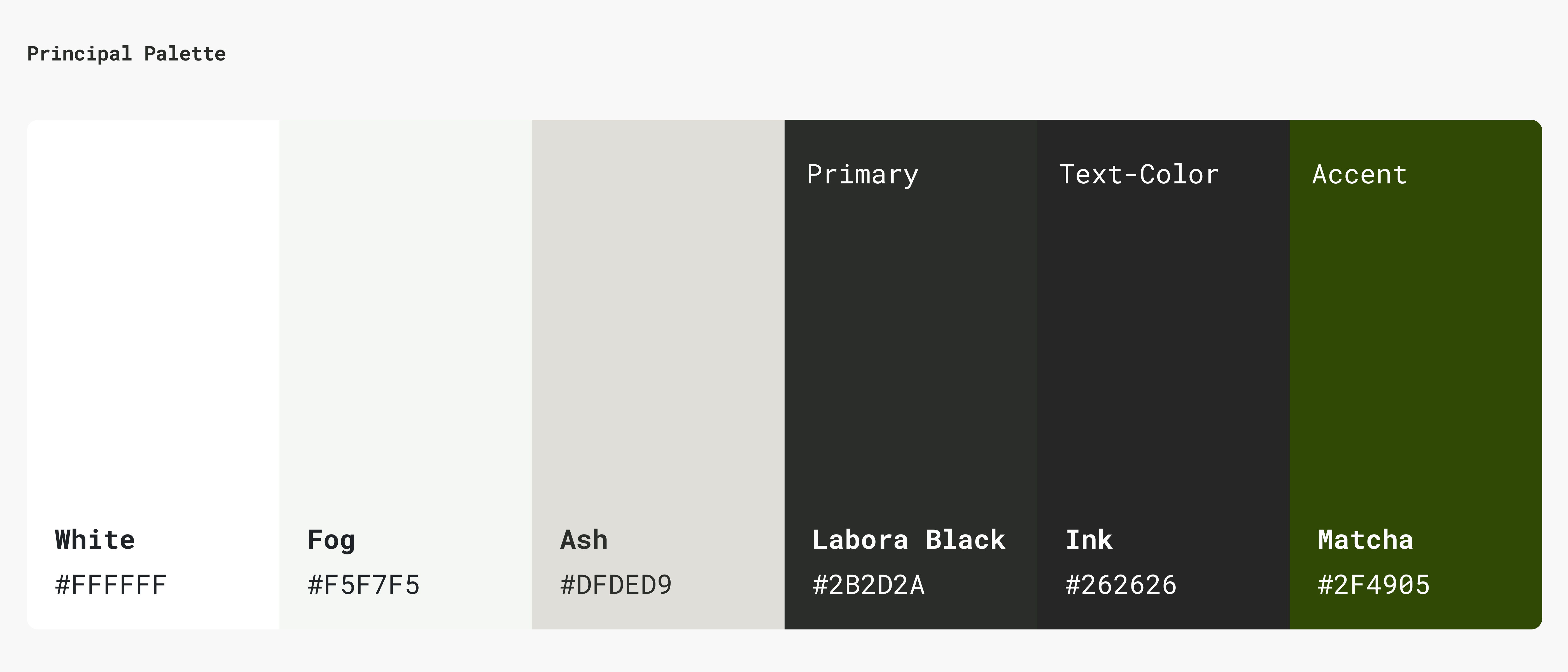 Labora color palette — White, Fog, Ash, Labora Black, Ink, Matcha