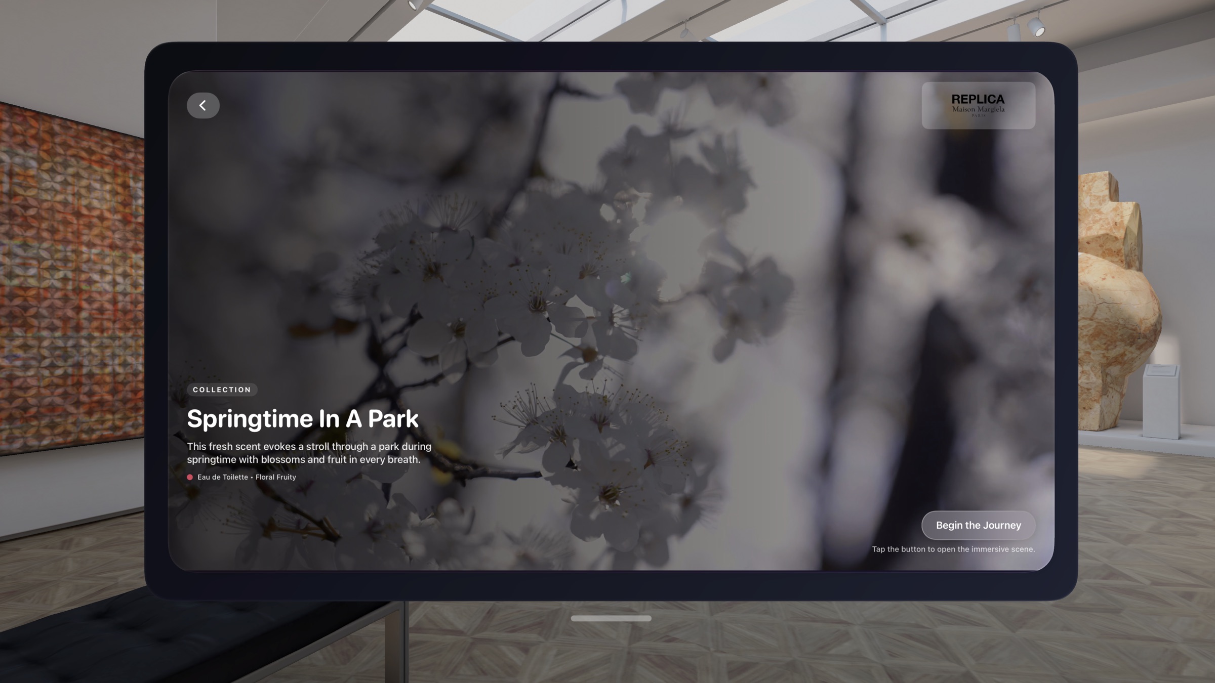 Collection detail page for Springtime In A Park: a short scent story, fragrance notes, and a Begin the Journey button to open the immersive scene