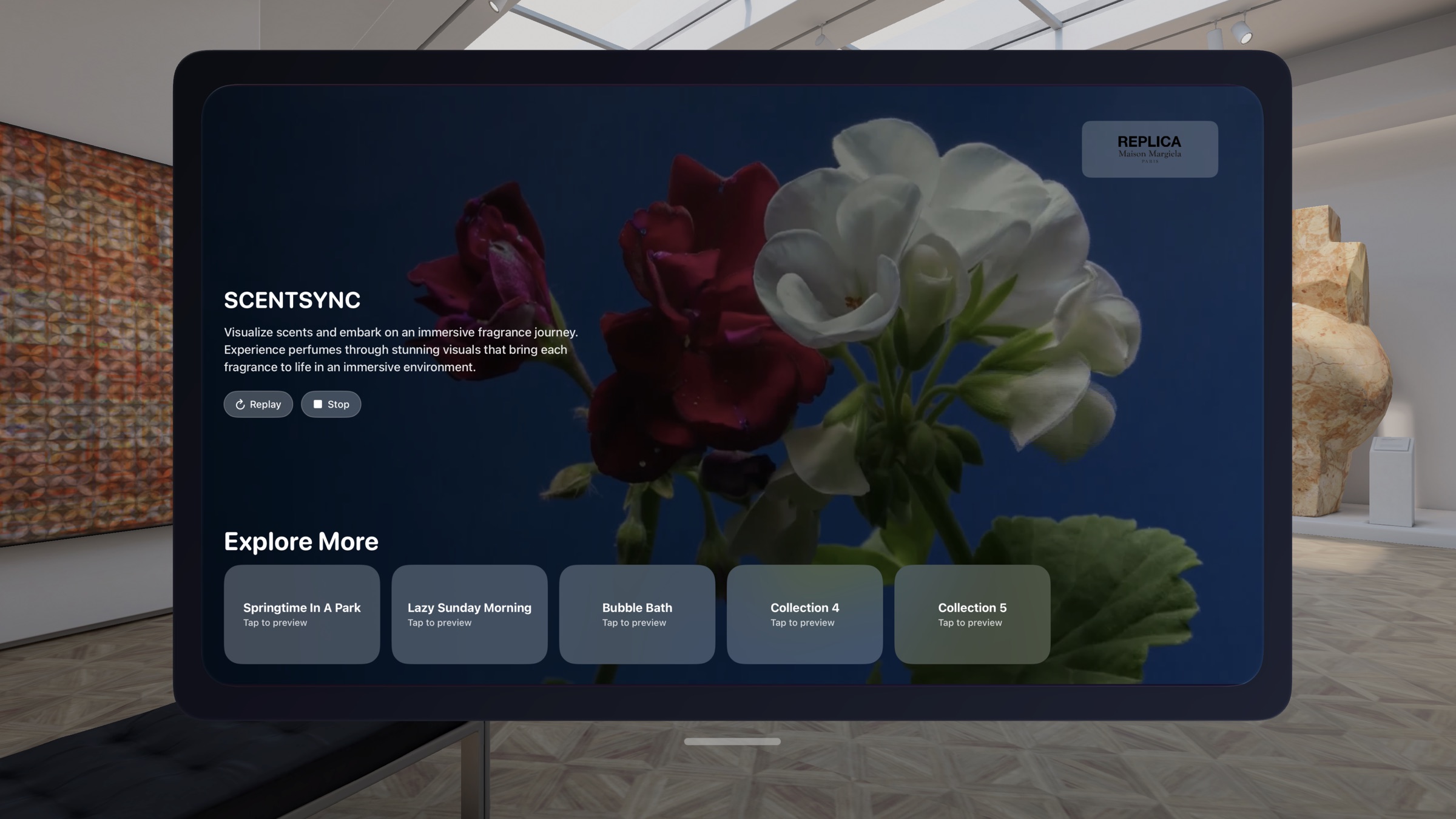 ScentSync home panel floating in a gallery environment, with Replay and Stop controls and an Explore More row of fragrance collection cards, each labeled &ldquo;Tap to preview&rdquo;