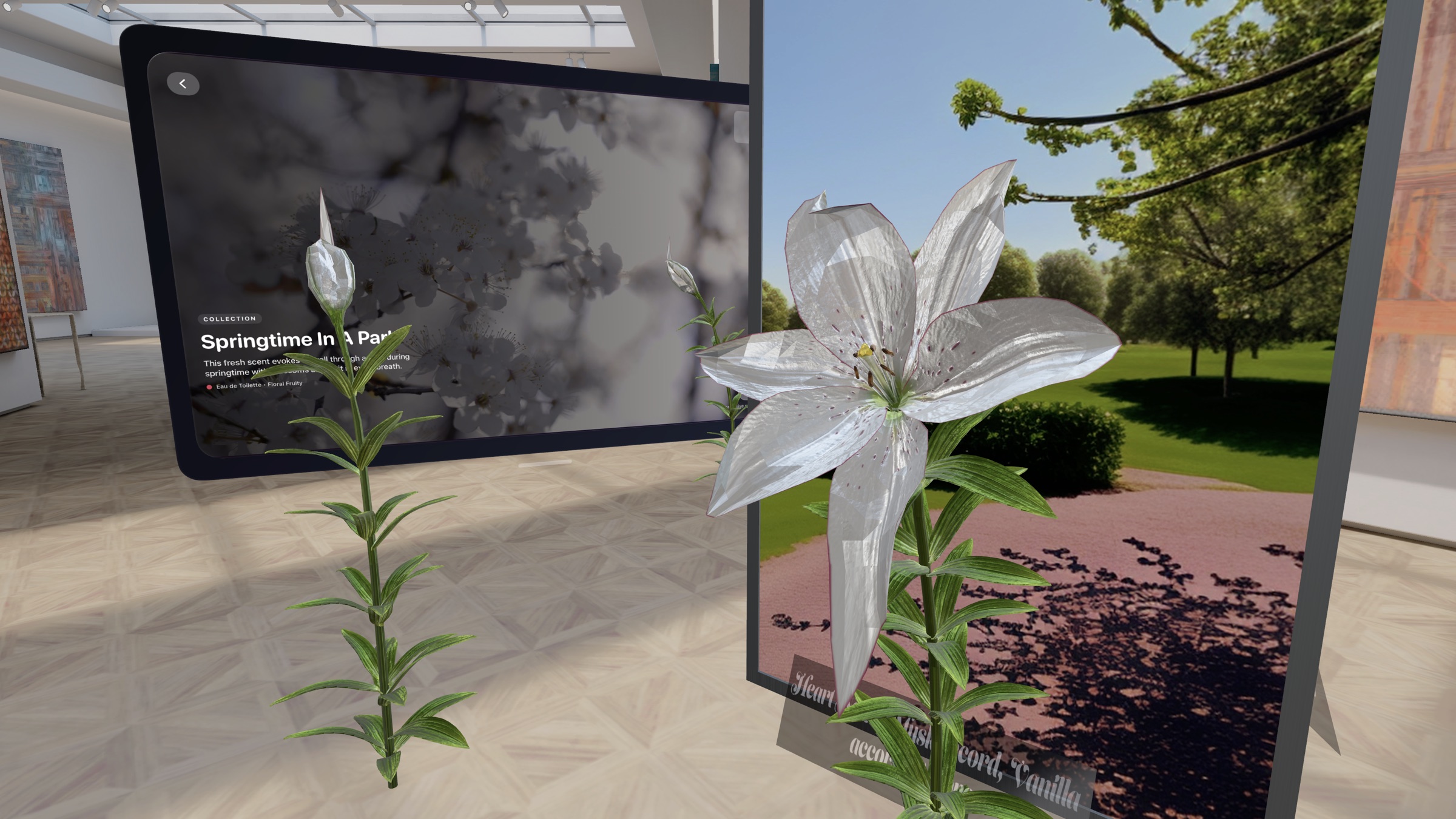 Inside the experience: a 3D lily grows in the space beside the detail panel and a portal into a spring park scene